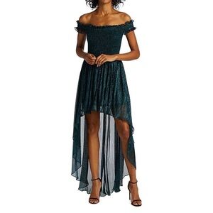 NEW Caroline Constas Green Metallic Lani High-Low Off The Shoulder Dress
